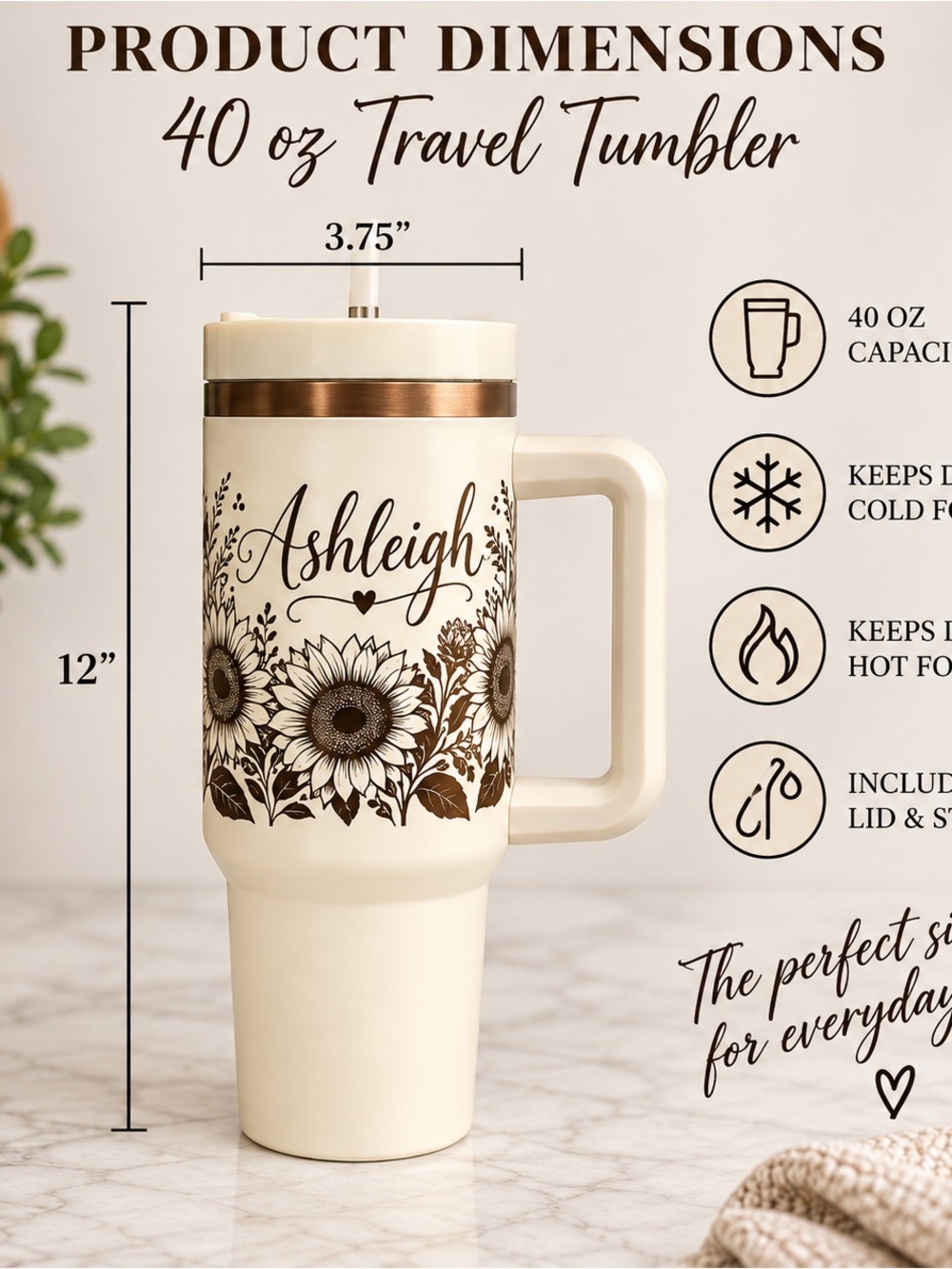 Personalized Cream Sunflower Travel Tumbler with Handle - Picture 6 of 6